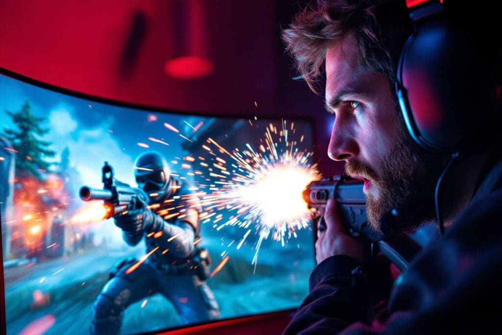 an e-sports players monitor showing a clear artifact-free weapon fire in a game demonstrating the smooth visual experience with amd freesync