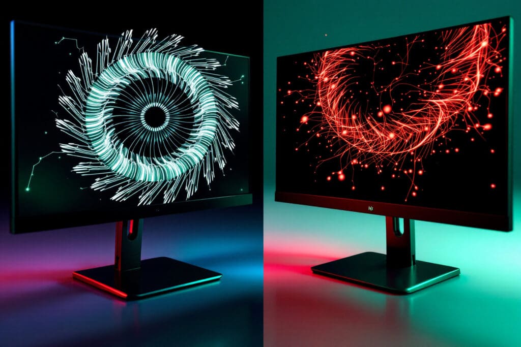 two monitors showing perfectly smooth rotating 3d objects with distinct green and red electrical glows visually comparing g-sync vs freesync